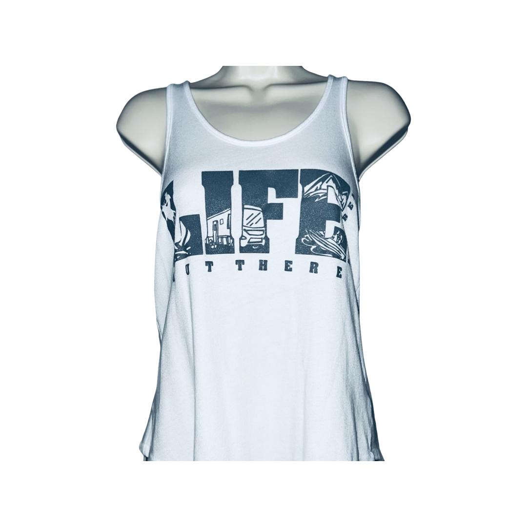 The OG Women's Tank Top by Life Out There Apparel is displayed on a mannequin. It features the word LIFE prominently on the front, surrounded by dynamic images of outdoor activities such as camping and water skiing. Beneath it, some smaller text hints at adventures waiting to unfold.