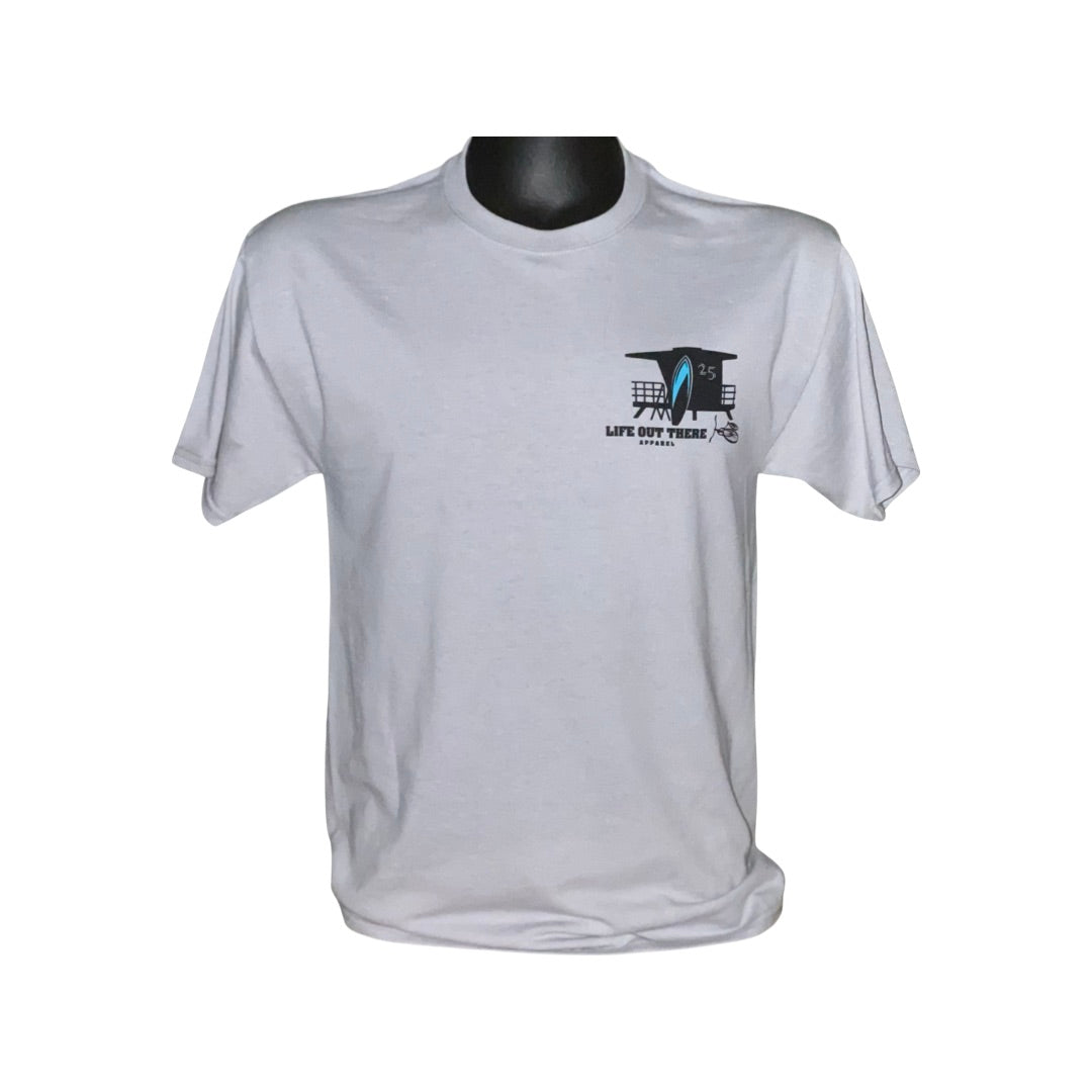 Displayed on a mannequin, the Unisex The JJ Tee - Silver by Life Out There Apparel features a small graphic design on the upper left side with text that reads "Life Out There." Perfect for your next visit to Huntington Beach, its subtle nod to surf culture makes it an ideal choice for beach and surfing enthusiasts alike.