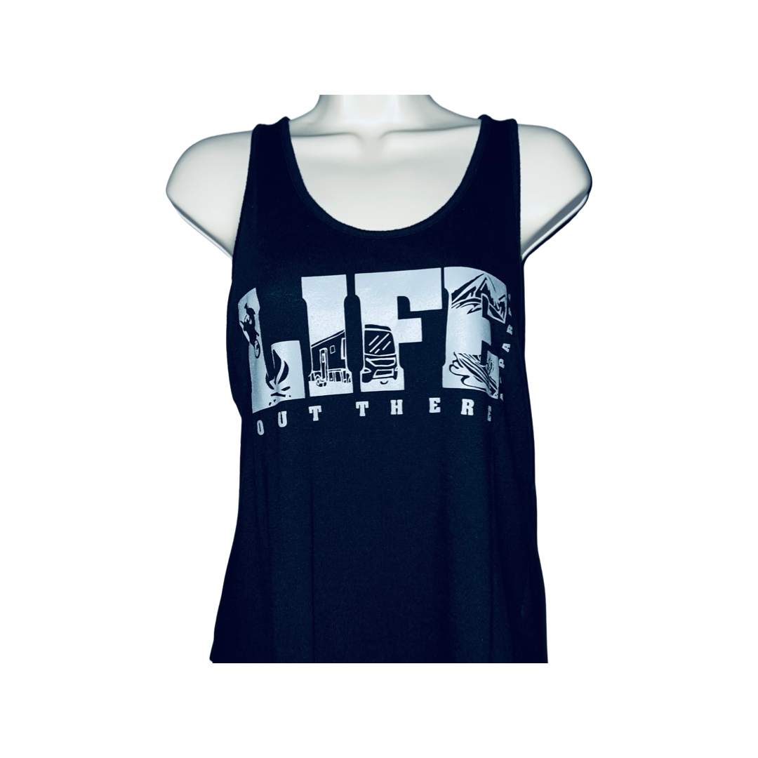 A black tank top from Life Out There Apparel, known as The OG Women's Tank Top - Black/Grey, features the word LIFE prominently in large white letters on the front. Inside each letter are images of trucks, dirt bikes, and outdoor scenes. Below LIFE, you'll find the text OUT THERE printed in smaller white letters.