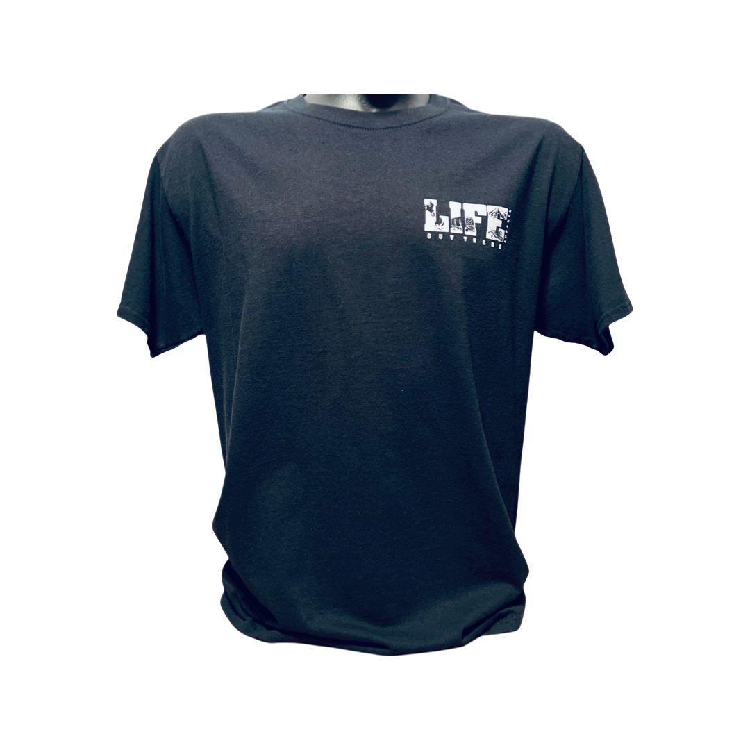 The "Unisex The OG T Shirt - Black/White" from Life Out There Apparel is displayed on a mannequin, showcasing a white block-letter graphic with the word "LIFE" on the chest. Ideal for snowboarding enthusiasts, this shirt offers short sleeves and a round neckline, embodying a casual and simple style.