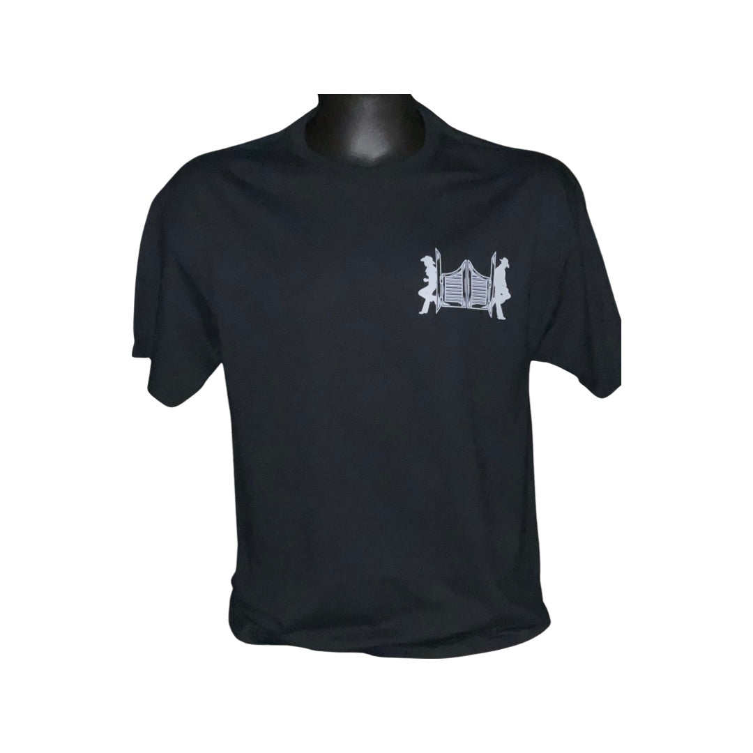 The Unisex THE YEEHAW T-Shirt by Life Out There Apparel is showcased on a mannequin, featuring a subtle white graphic of two stylized figures holding a book on the front. Ideal for ranch life enthusiasts, this black shirt combines style and rustic charm with its short sleeves and round neckline.