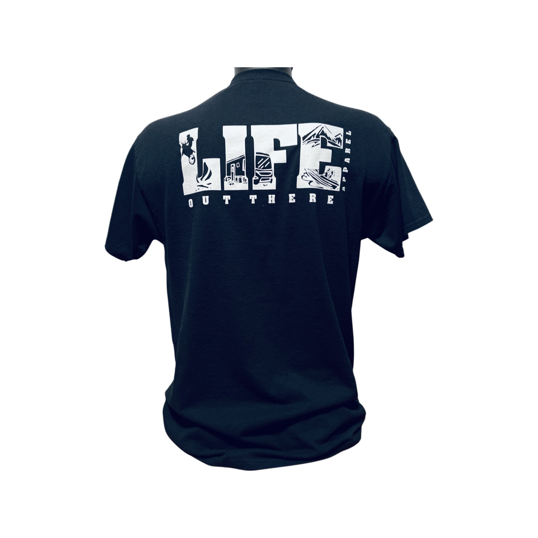 Back view of a navy T-shirt from Life Out There Apparel, featuring bold white text that reads LIFE OUT THERE with camping-themed illustrations like mountains and a campfire creatively incorporated within the letters.