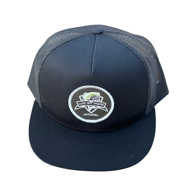 The Hooker Snapback Trucker Hat - Black by Life Out There Apparel features a mesh back and a circular patch on the front, displaying a green gecko, mountains, and the brand's name.