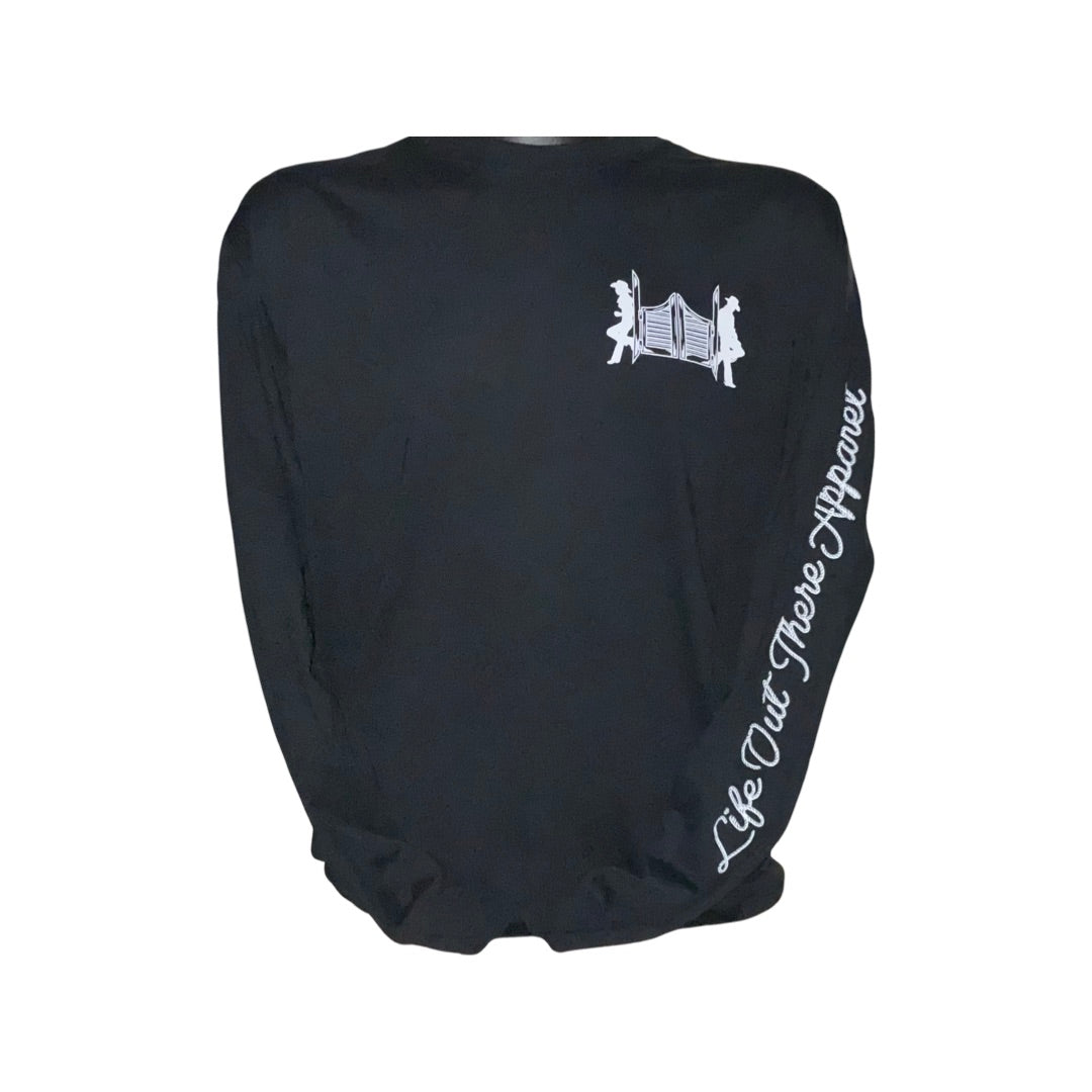 Capture the rustic charm with the black "Unisex THE YEEHAW Long Sleeve T Shirt - Black / White," featuring a small graphic of two figures and a table on the back. Embrace the cowboy style with "Life Out There Apparel" elegantly scripted along the sleeve, making it perfect for those who cherish ranch life.