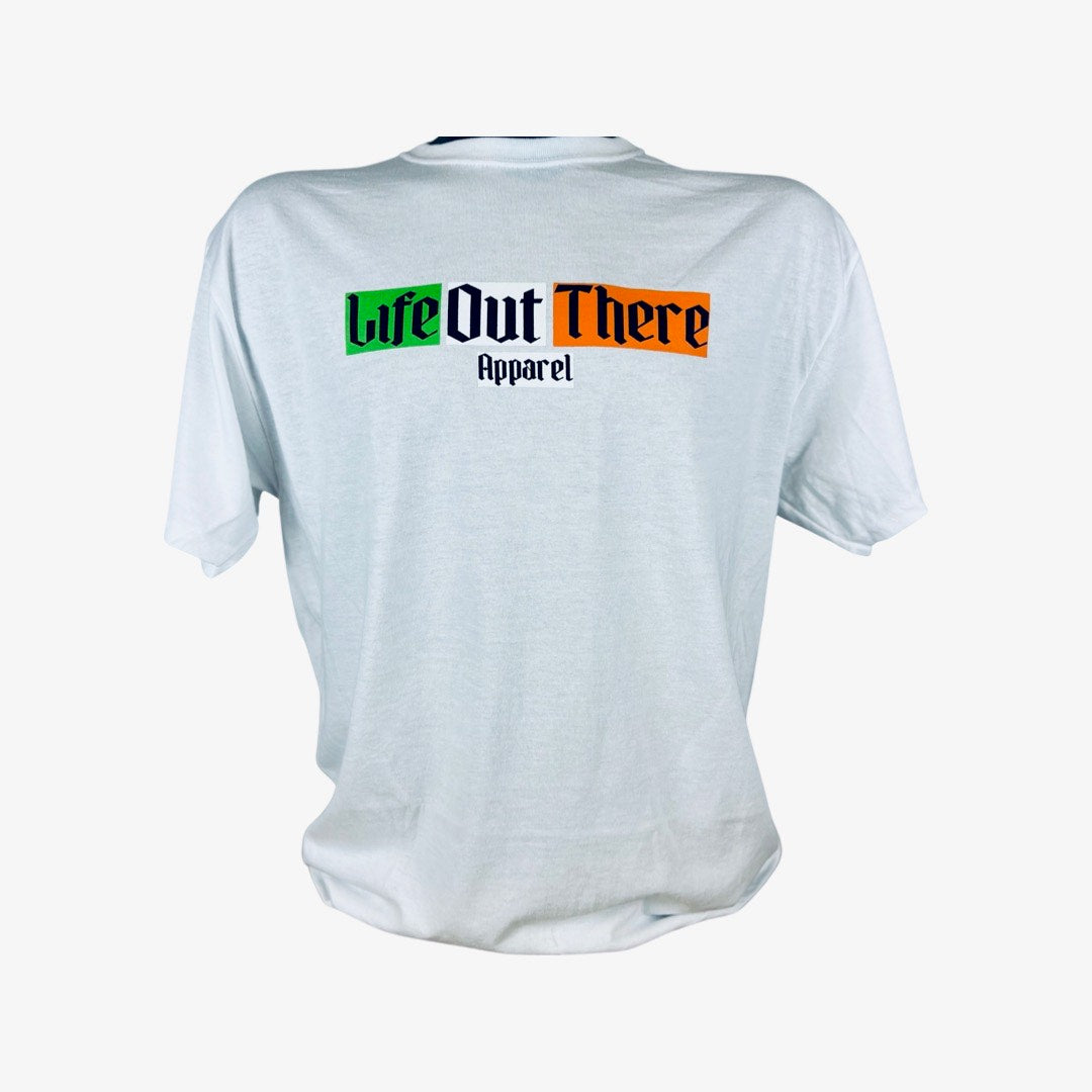 Life Out There Apparel “Capt. Patrick” Unisex tee shirt in white is a collaboration of an American flag with an Irish twist and a leprechaun boat Captain looking on. This is the front of the shirt in an Irish flag.