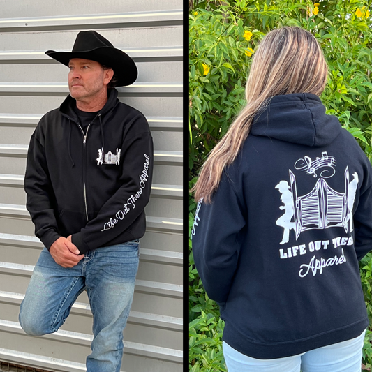 Unisex black zip-up hoodie from Life Out there, featuring designs inspired by country music on the front and back. 