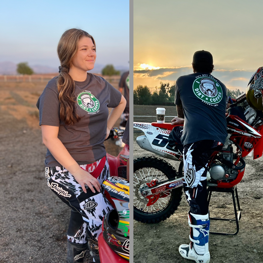 Life Out There Apparel “I ❤️Dirt⭐️Coffee” Charcoal Grey Unisex tee shirt is a twist on a Starbucks logo with a dirt bike helmet on the siren.  A woman and man wearing this shirt standing next to dirt bikes. 