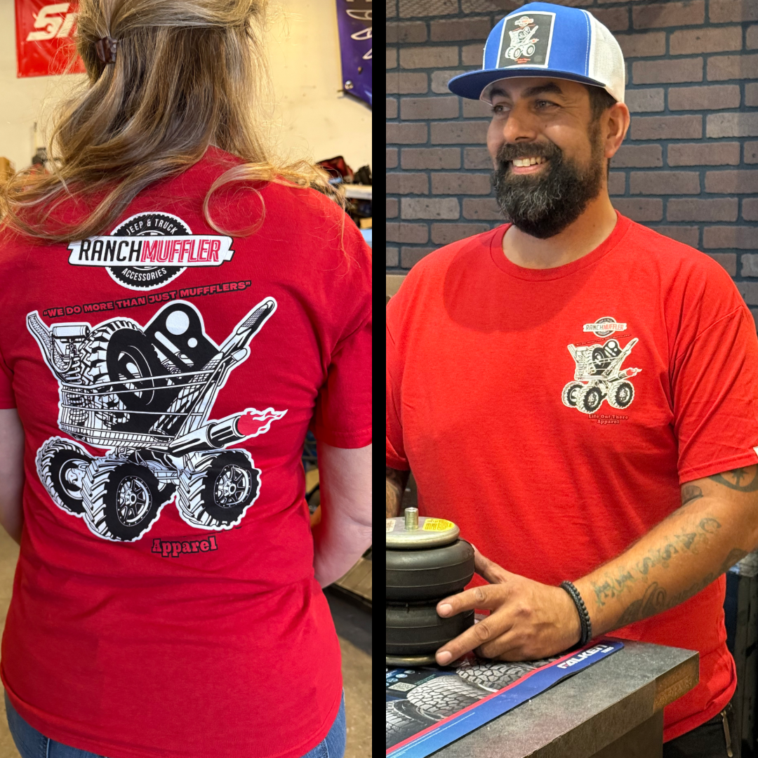 Side-by-side images: a woman displays the back of the red "We Do More Than Just Mufflers" tee by Life Out There Apparel, while a smiling man in the same shirt and blue cap stands at a counter—ideal for fans of Jeep & Truck accessories.