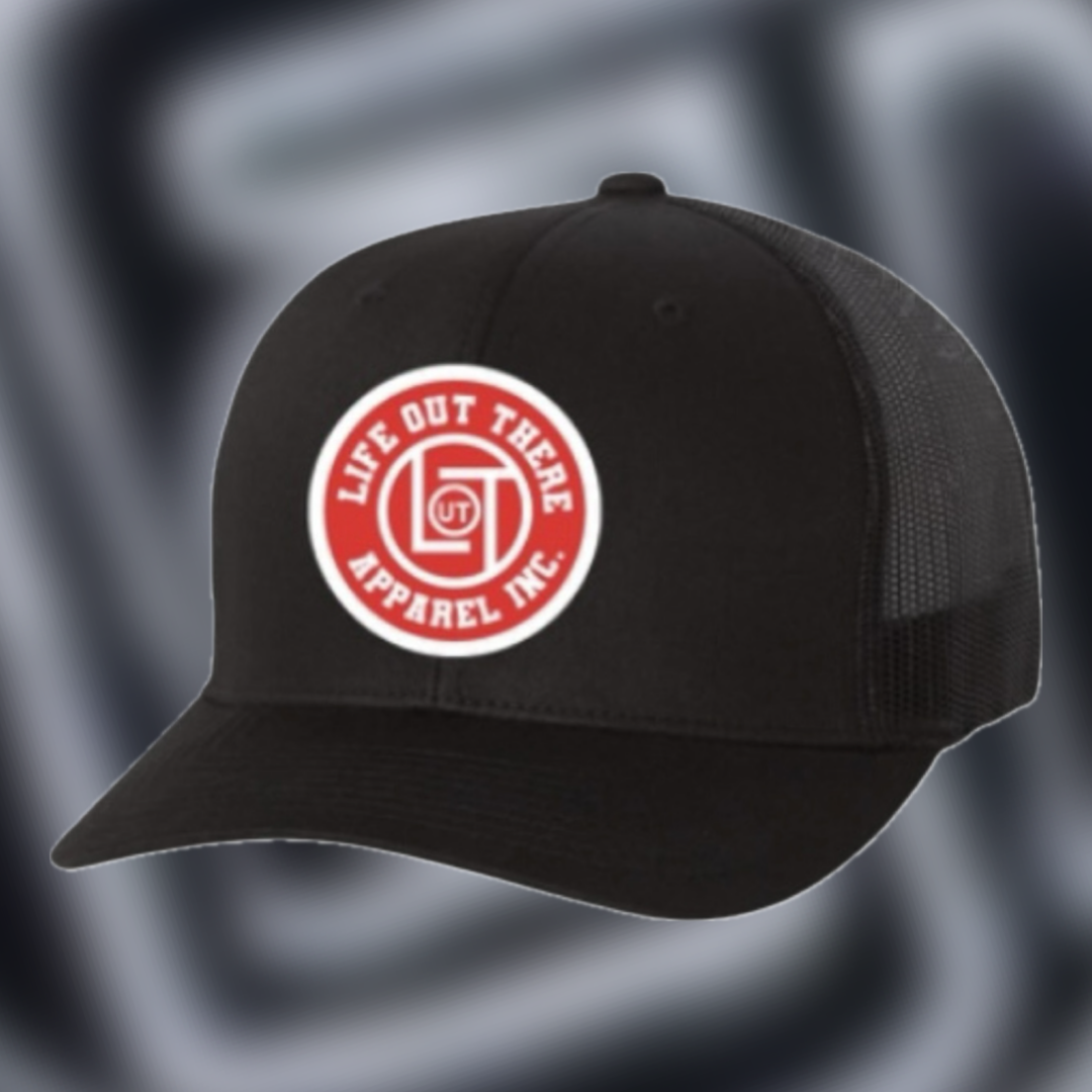 A black curved bill snapback trucker hat with a mesh back, featuring a round red and white patch from Life Out There Apparel.