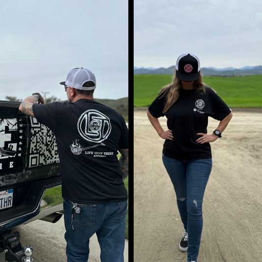 Life Out There Apparel “Branded” Unisex black tee shirt is a round logo of the companies initials, made with a hot branding iron. This is a photo of a man & women wearing the shirt. 
