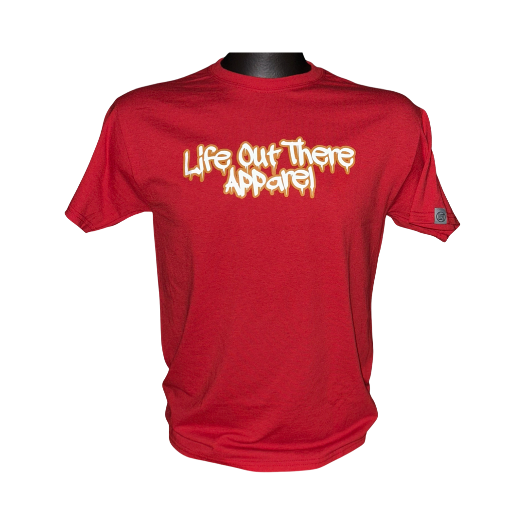 Life Out There Apparel “Fun is Not a Crime” Red Unisex tee shirt has a skateboarder and bmx rider having fun on a half pipe skateboard ramp. This photo is of the front of the shirt. 