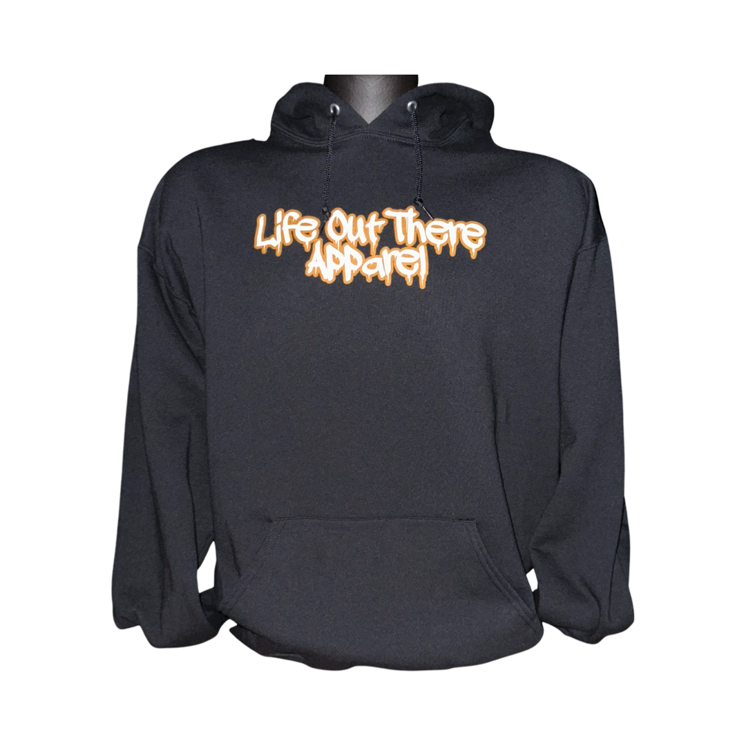 Life Out There Apparel “Fun is Not a Crime” Black Unisex hoodie has a skateboarder and bmx rider having fun on a half pipe skateboard ramp. This picture is showing the front of the hoodie. 