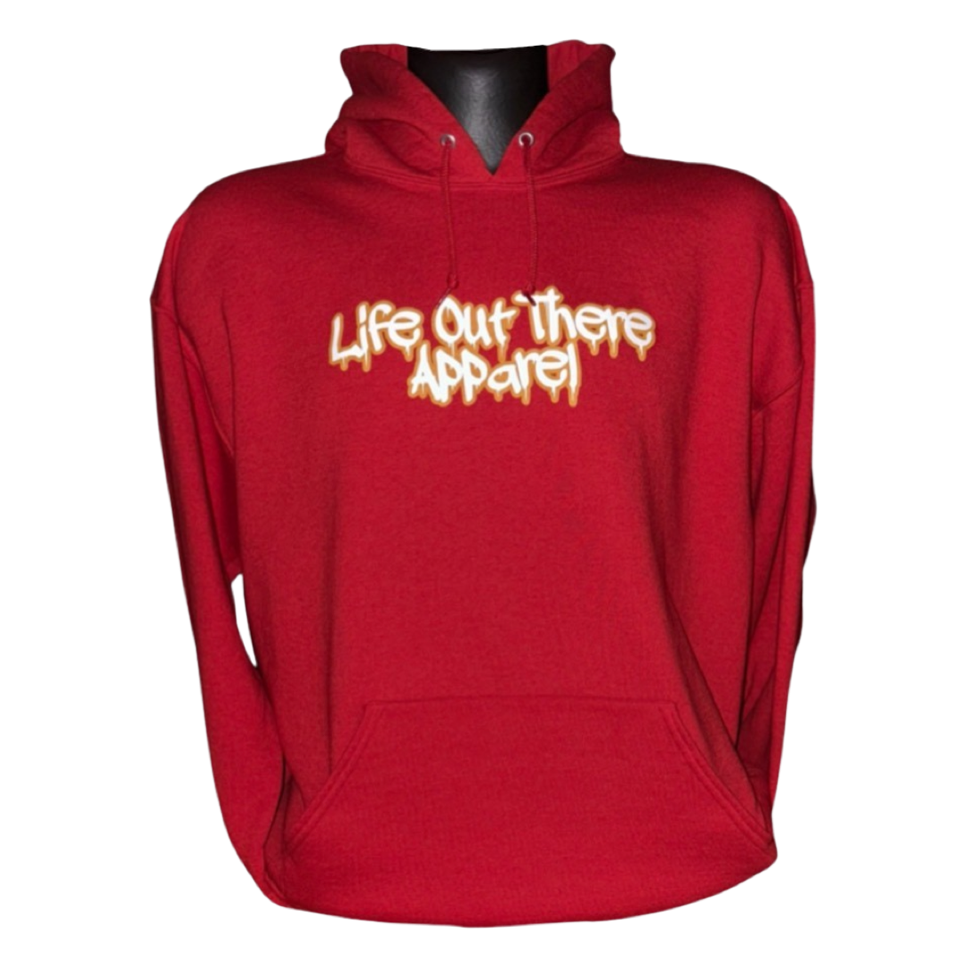Life Out There Apparel “Fun is Not a Crime” Red Unisex hoodie has a skateboarder and bmx rider having fun on a half pipe skateboard ramp. A picture of the front design with transparent background.  