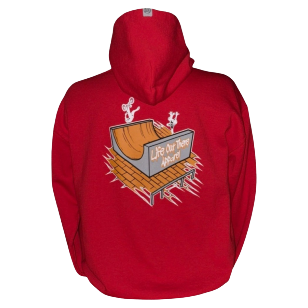 Life Out There Apparel “Fun is Not a Crime” Red Unisex hoodie has a skateboarder and bmx rider having fun on a half pipe skateboard ramp. A picture of the back design with transparent background. 