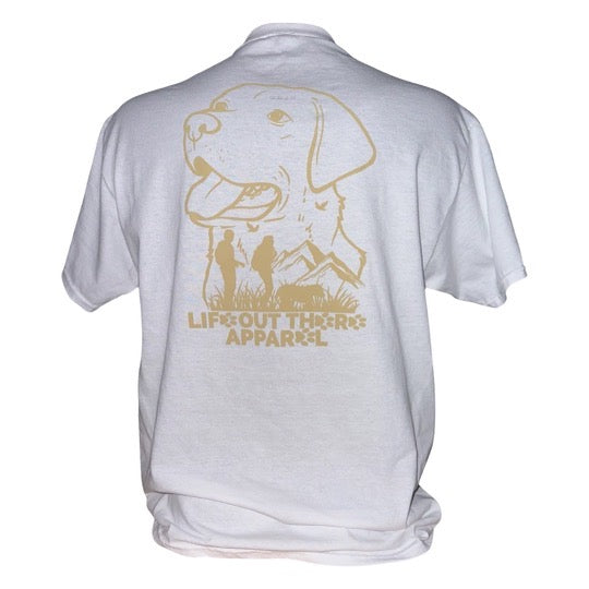 Life Out There Apparel “Best Friend” Unisex tee shirt in white. This is the back of the shirt with a Labrador on it. This is a tribute to our dogs, our best friend is a Labrador retriever dog on a hike with his humans.  