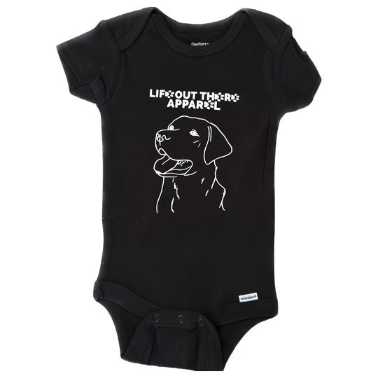 Life Out There Apparel “Best Friend” Unisex baby onesie in black. This is a tribute to our best friend who is a Labrador retriever dog on a hike with his humans. 