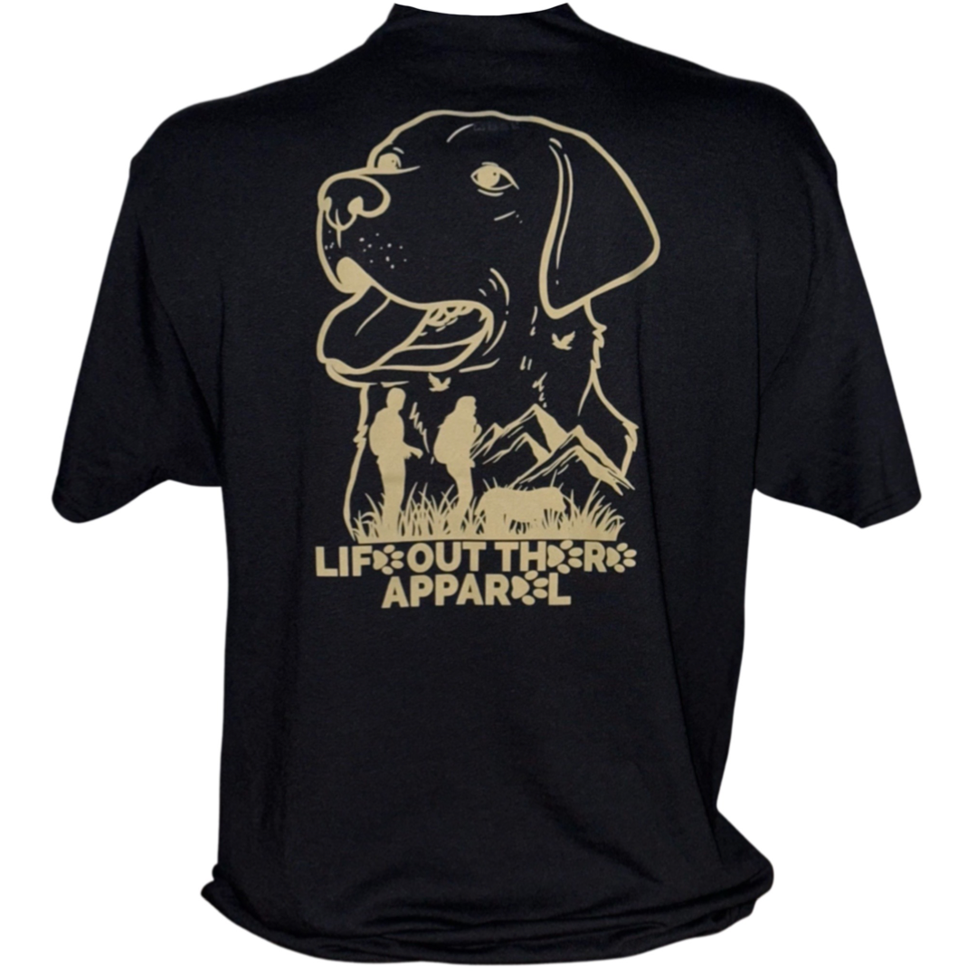 Life Out There Apparel “Best Friend” Unisex tee shirt in black. This is the back of the shirt with a Labrador on it. This is a tribute to our best friend who is a Labrador retriever dog on a hike with his humans. 