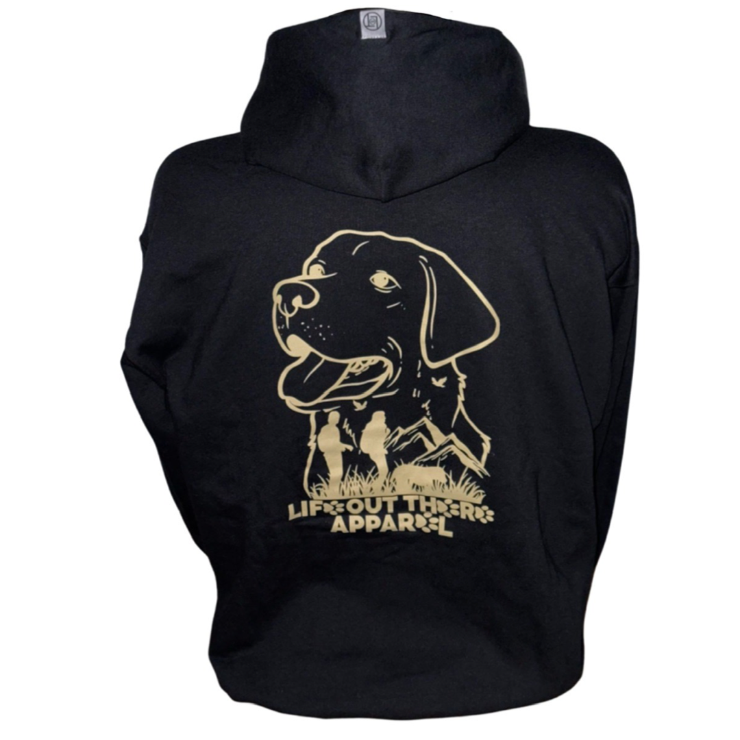 Life Out There Apparel “Best Friend” Unisex hoodie in black. This is the back of the hoodie. This is a tribute to our dogs, our best friend is a Labrador retriever dog on a hike with his humans. 
