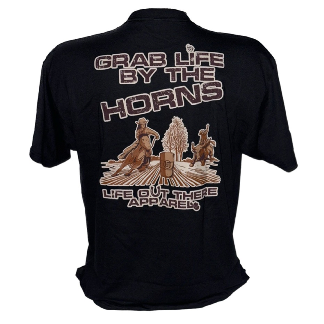 Life Out There Apparel “Grab Life By The Horns” Black Unisex tee shirt has a girl barrel racer getting ready to turn around a barrel with a guy riding a bull behind her.  This shows the back of the shirt with a transparent background. 