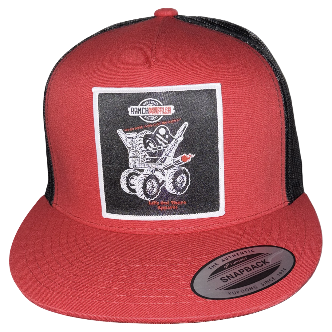 The Life Out There Apparel "We Do More Than Just Mufflers" Flat Bill SnapBack Trucker Hat in red/black features a front patch with a grill, flames, and RANCHMUFFLER text. Includes an Authentic Snapback silver sticker—ideal for Jeep and lift kit fans.