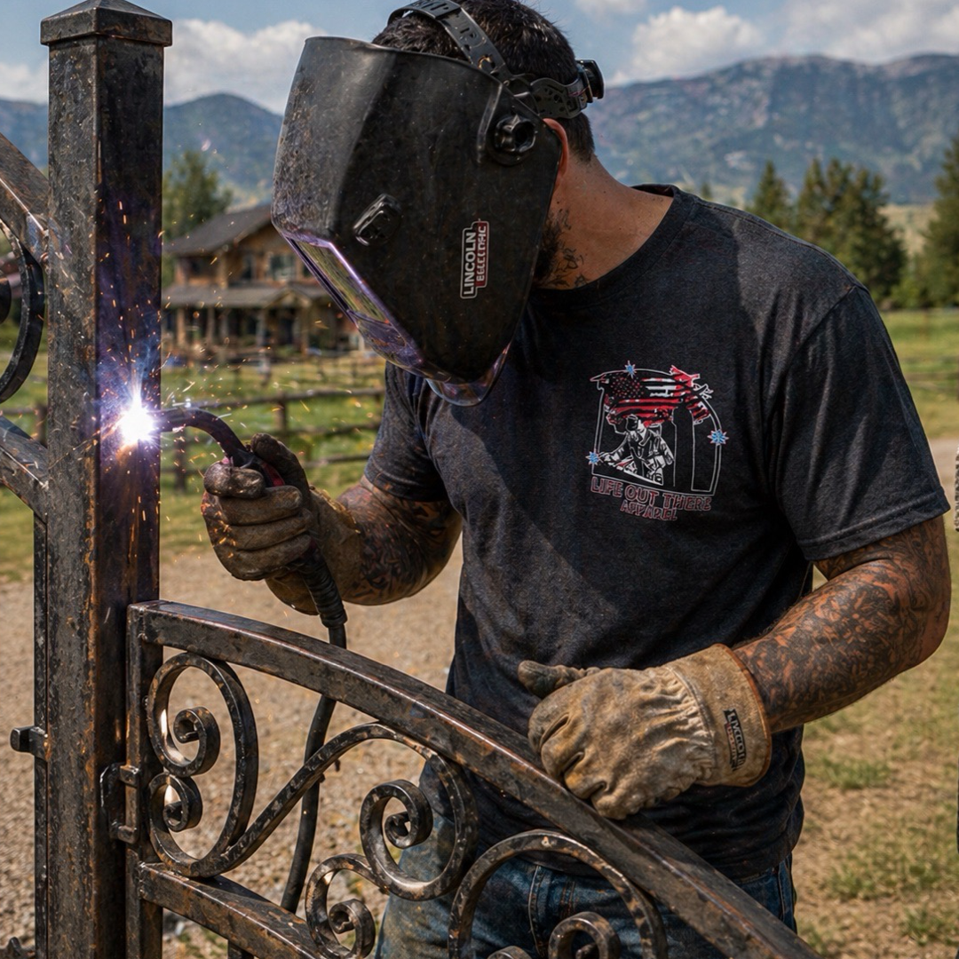 Wearing the Life Out There Apparel Tack It Tee - Black and a welding helmet, a person welds a metal gate outdoors with sparks flying. Mountains and a house appear in the background beneath a partly cloudy sky.