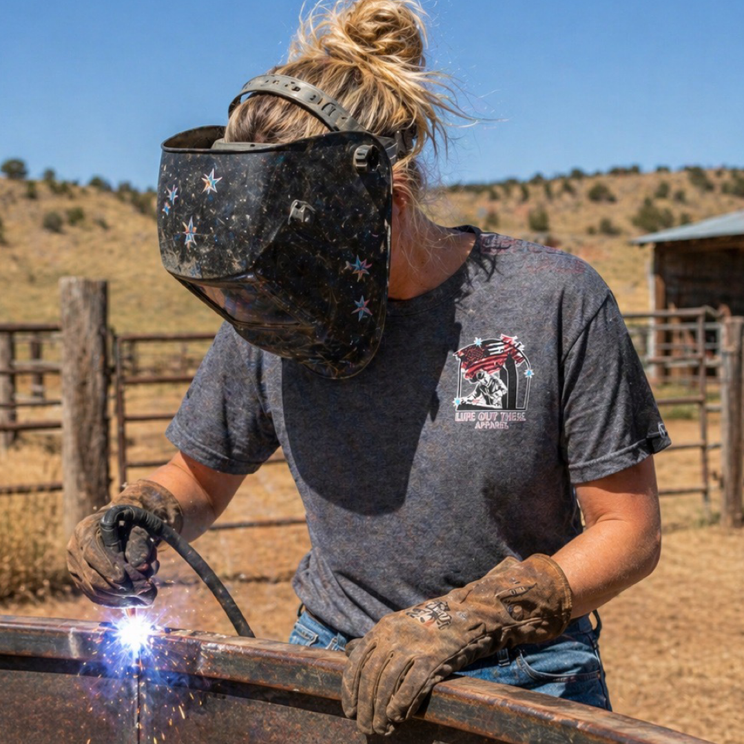 Wearing a Tack It Tee - Black Heather by Life Out There Apparel, a welder skillfully fuses metal outdoors, sparks flying as the torch meets steel near a rural fence—ready to TACK IT anywhere.