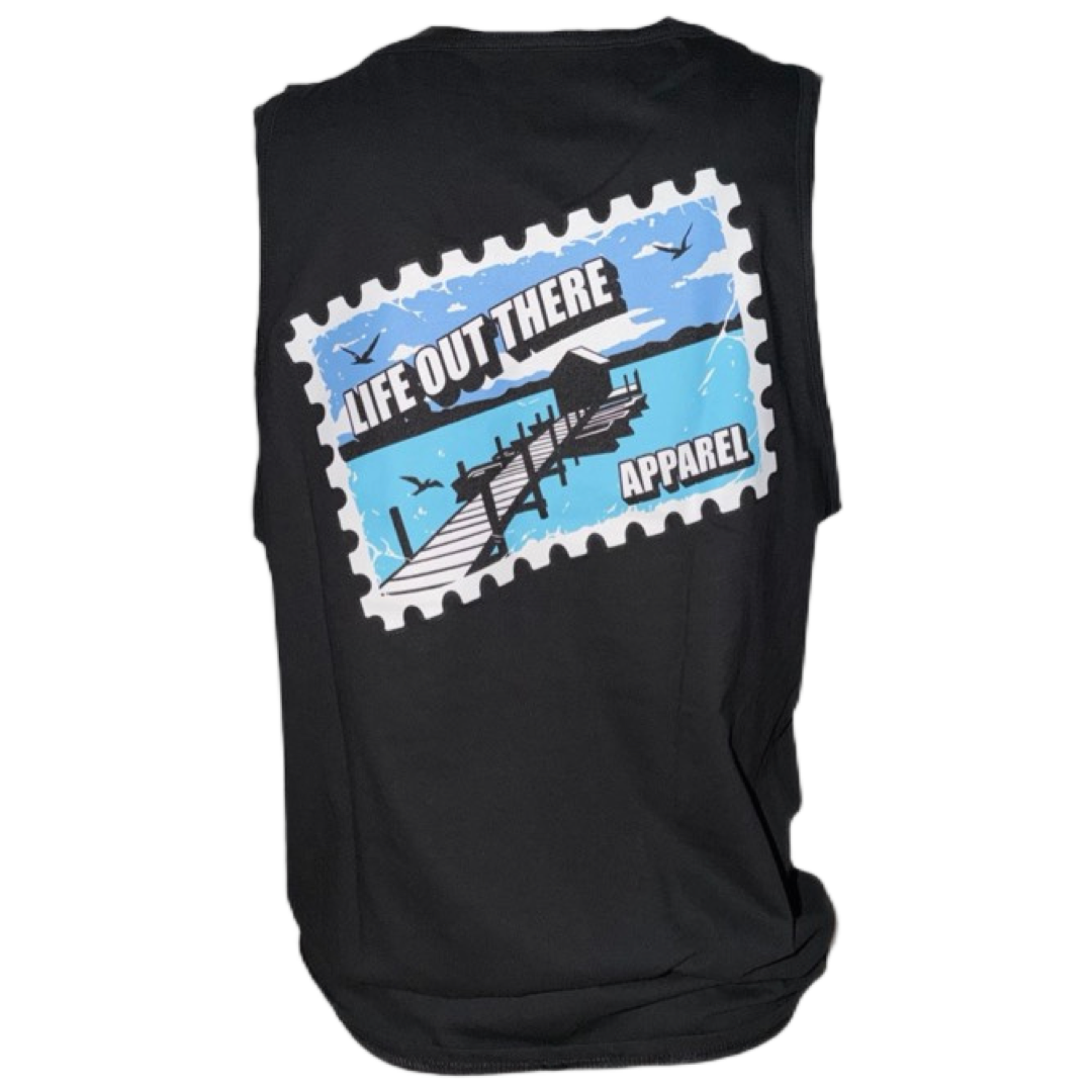 The Wish You Were Here Tank Top by Life Out There Apparel is a black, pre-shrunk cotton sleeveless shirt with a postage stamp-style dock and bird graphic. "LIFE OUT THERE" and "APPAREL" are boldly displayed on the back.