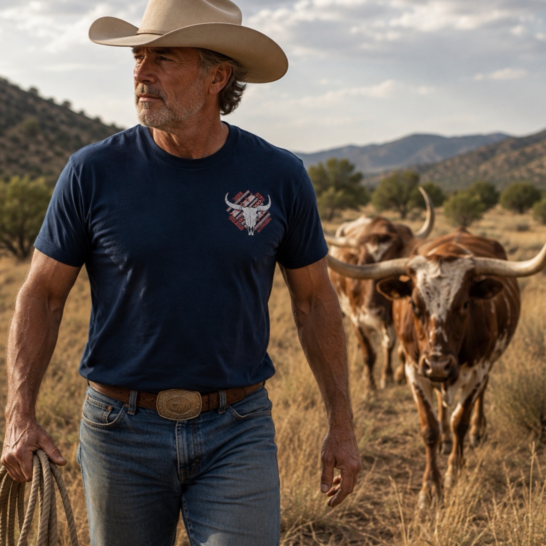 A cowboy in a hat and jeans, dressed in the Longhorn Outlaw Tee - Navy from Life Out There Apparel, holds a rope while walking through a field with longhorn cattle trailing behind him and hills rising in the distance.