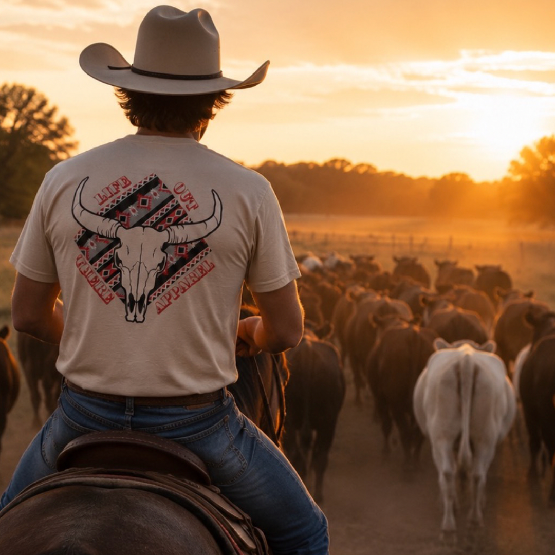 Wearing the Life Out There Apparel Longhorn Outlaw Tee - Sandstone, a cowboy in a hat rides horseback, herding cattle at sunset across a dusty field, framed by trees and a glowing sky. The unisex tee showcases the bold LONGHORN OUTLAW design, embodying the untamed spirit of the West.