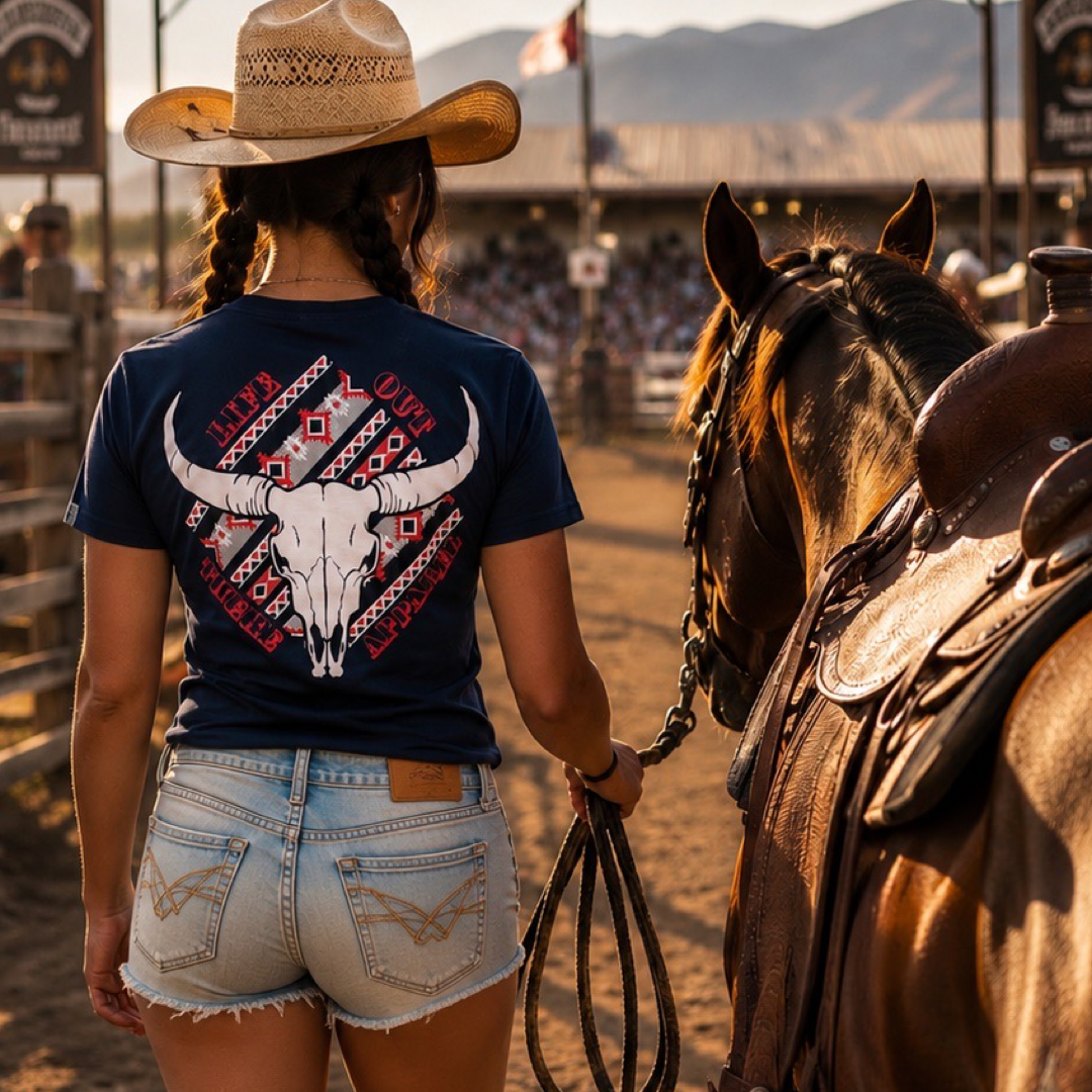 A woman in a cowboy hat and jean shorts holds a horse’s reins at a rodeo, wearing the Longhorn Outlaw Tee in navy from Life Out There Apparel—a classic unisex shirt featuring a bold bull skull graphic. Sunlight highlights the dusty arena and the distant crowd.