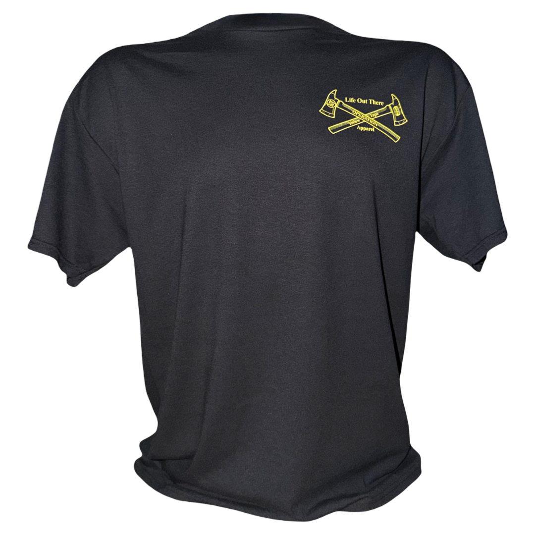 Introducing the Drop The Shield Tee - Black from Life Out There Apparel. This black short-sleeve shirt features a small yellow graphic on the chest with two crossed axes and the words “Live Out There” above them. Part of the DROP THE SHIELD collection, this tee subtly brings awareness to suicide prevention while inspiring you to live boldly.