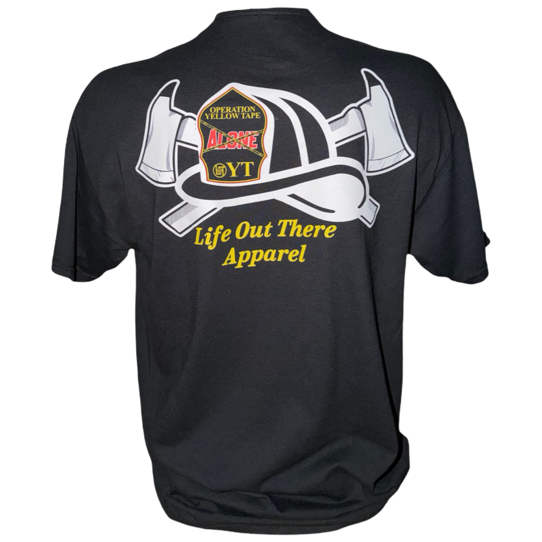 Drop The Shield Tee - Black by Life Out There Apparel features a firefighter helmet with two axes and “OPERATION YELLOW TAPE” displayed on the helmet. Made from a comfortable cotton-polyester blend, this tagless unisex t-shirt showcases bold yellow “Life Out There Apparel” text below the graphic.