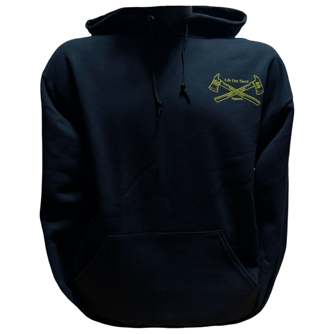 The Drop The Shield Hoodie - Black by Life Out There Apparel features a front pocket and displays a yellow logo on the chest with two crossed axes and the words “Life Out There” above “Apparel.” Created in collaboration with Operation Yellow Tape to promote suicide awareness, this hoodie is shown against a plain white background.