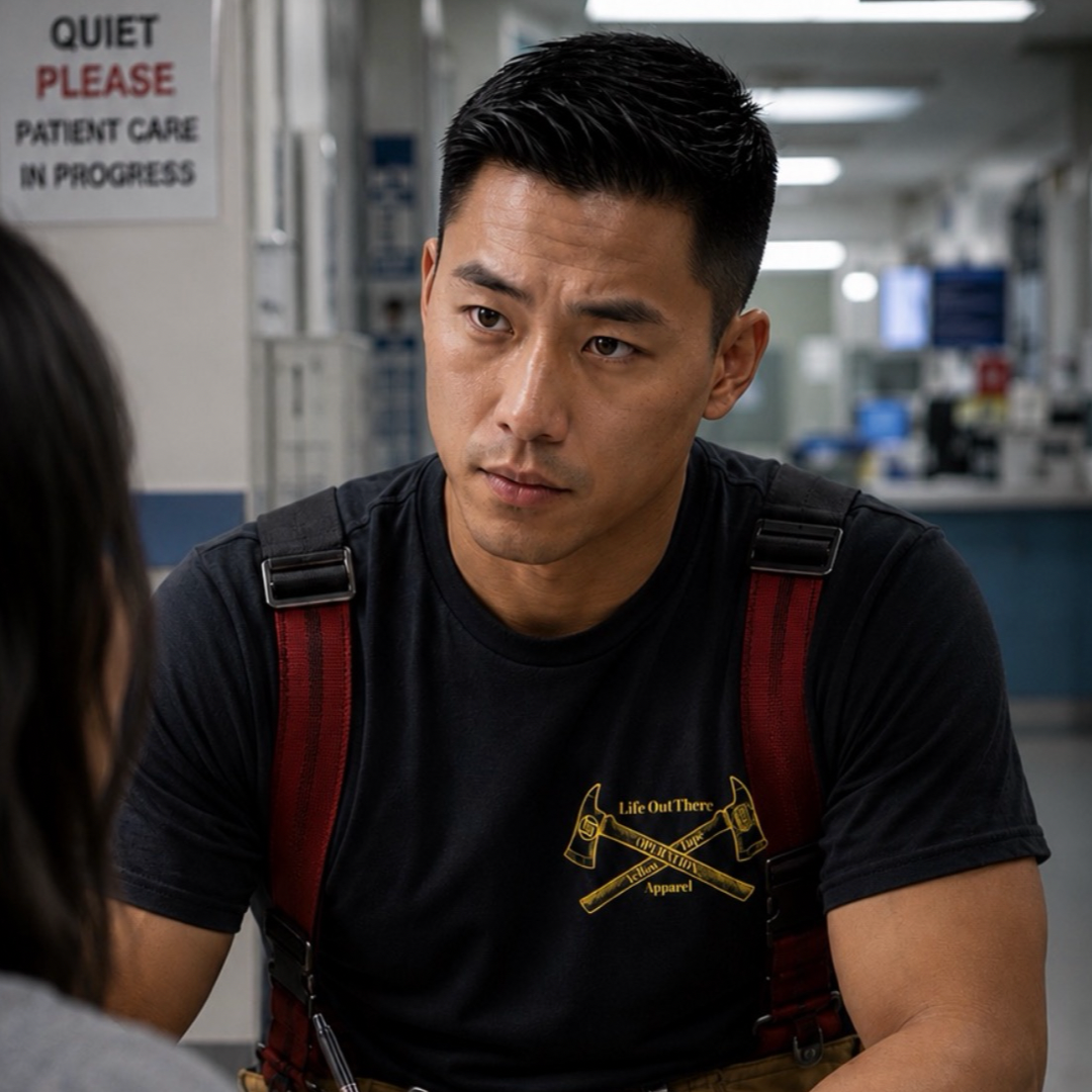 Wearing the Life Out There Apparel Drop The Shield Tee in black, a firefighter in uniform listens intently to someone off-camera in a hospital hallway, powerfully promoting suicide awareness and embodying the message to DROP THE SHIELD. A Quiet Please sign appears in the background.