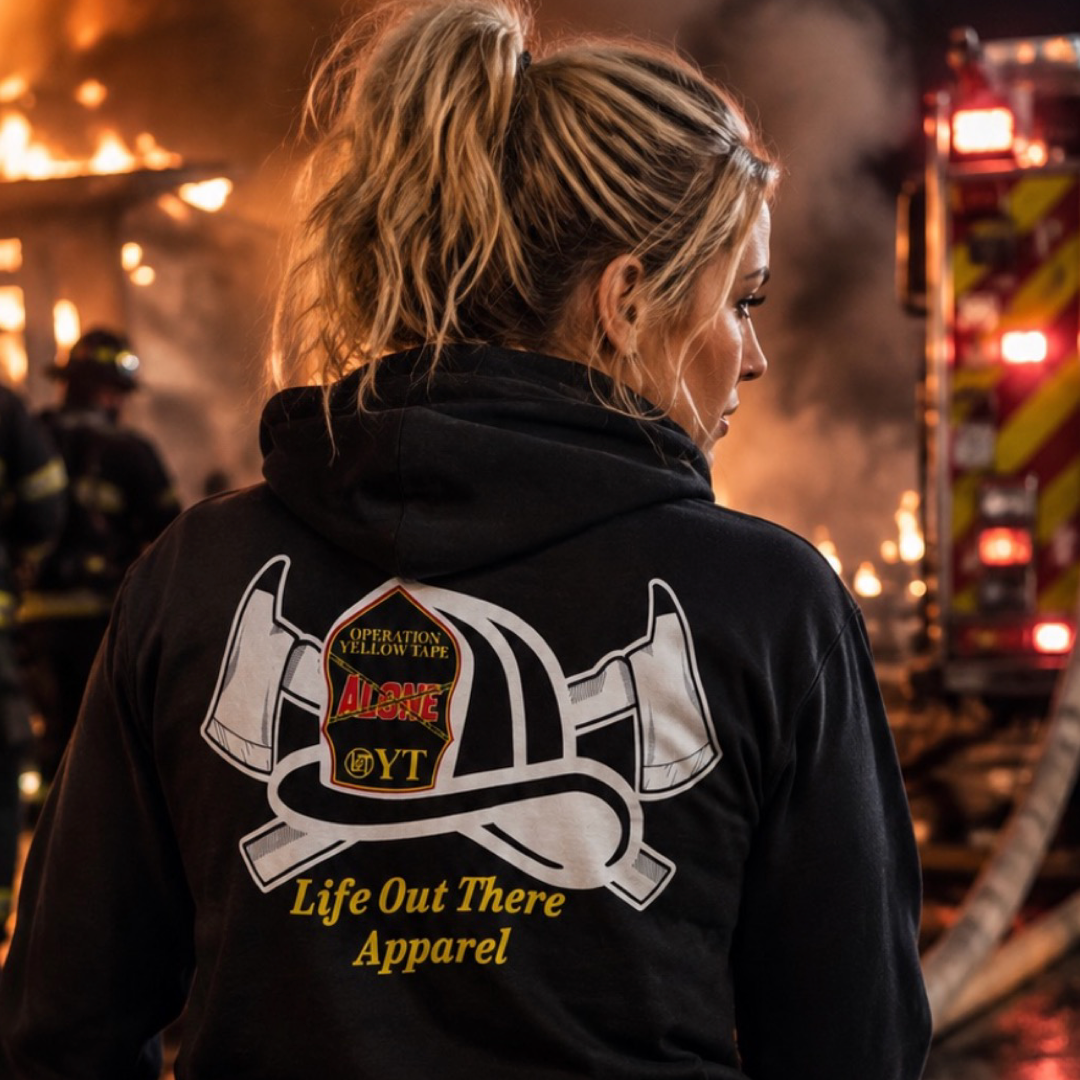 A woman wearing the Drop The Shield Hoodie in black by Life Out There Apparel stands near a burning building at night. Firefighters and a fire truck are visible in the background. The hoodie features firefighting graphics and promotes suicide awareness as part of Operation Yellow Tape.
