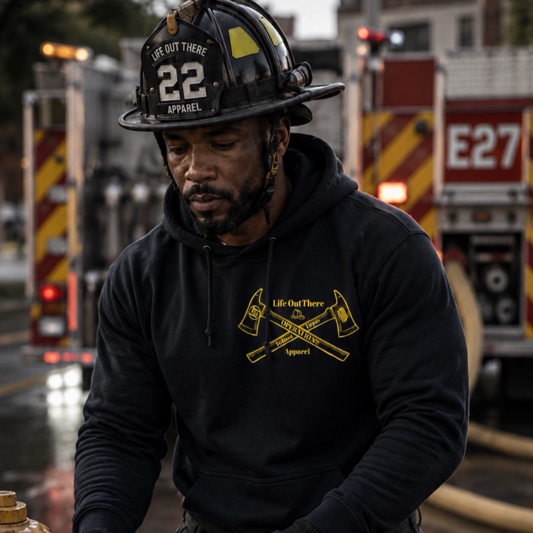 A firefighter in a black helmet and the Drop The Shield Hoodie - Black by Life Out There Apparel stands in front of fire trucks. Both the hoodie and helmet feature the Life Out There Apparel branding with crossed axes, supporting suicide awareness through Operation Yellow Tape.