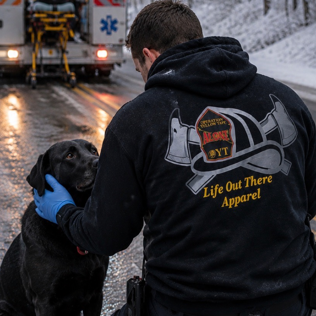 Wearing the Drop The Shield Hoodie in black from Life Out There Apparel, a person pets a black dog on a snowy road, while an ambulance and stretcher appear in the background—a subtle nod to suicide awareness and Operation Yellow Tape’s mission.