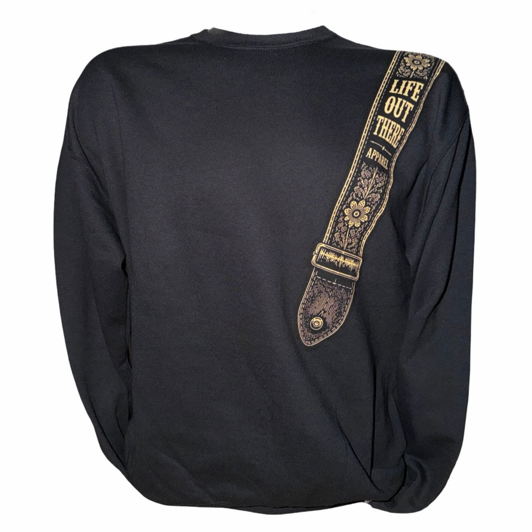 Introducing the Category Hurricane Crewneck Sweatshirt in black by Life Out There Apparel—a unisex cotton-polyester sweatshirt featuring a tagless design for extra comfort. This crewneck showcases a distinctive printed guitar strap graphic across the shoulder and displays “LIFE OUT THERE” and “APRILL” in bold yellow lettering.