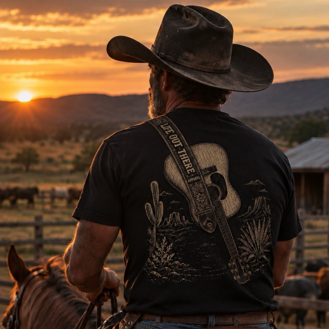 A cowboy in a Life Out There Apparel Category Hurricane Tee - Black rides a horse at sunset, overlooking a ranch with cattle and barn, capturing the true country vibe.