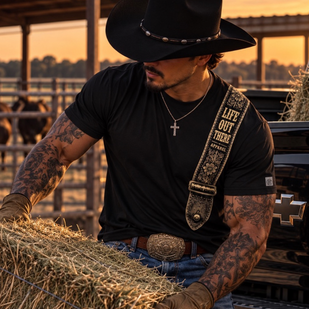 A tattooed man in a black cowboy hat and gloves lifts hay by a truck, wearing a cross necklace and the Category Hurricane Tee - Black from Life Out There Apparel in a classic ranch setting.