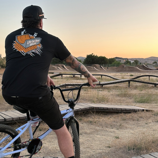 Life Out There Apparel “Fun is Not a Crime” Black Unisex tee shirt has a skateboarder and bmx rider having fun on a half pipe  skateboard ramp. This picture has a guy sitting on a bmx bike watching the sunset. 
