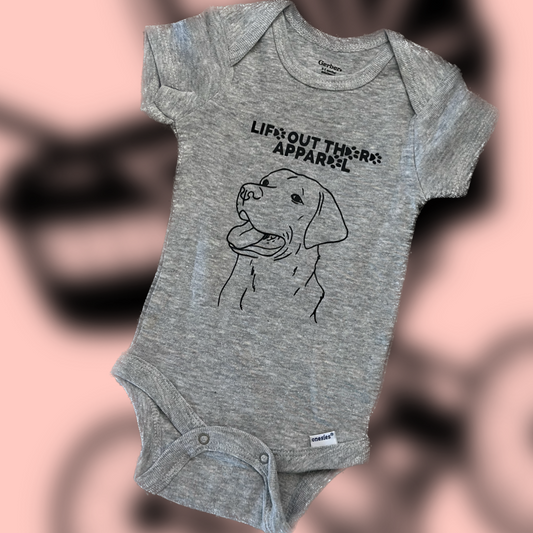Life Out There Apparel “Best Friend” Unisex baby onesie in grey. This is a tribute to our best friend who is a Labrador retriever dog on a hike with his humans. 