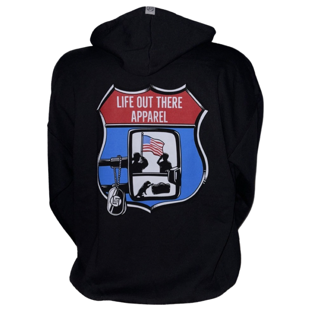 Life Out There Apparel “Leave It Behind” Black Unisex “Zip Up” hoodie has a truck side mirror with the reflection of a male, female & K9 soldiers saluting the American flag - bringing awareness to P. T. S. D. (post traumatic stress disorder). This is a photo of the back of the hoodie with a transparent background. 
