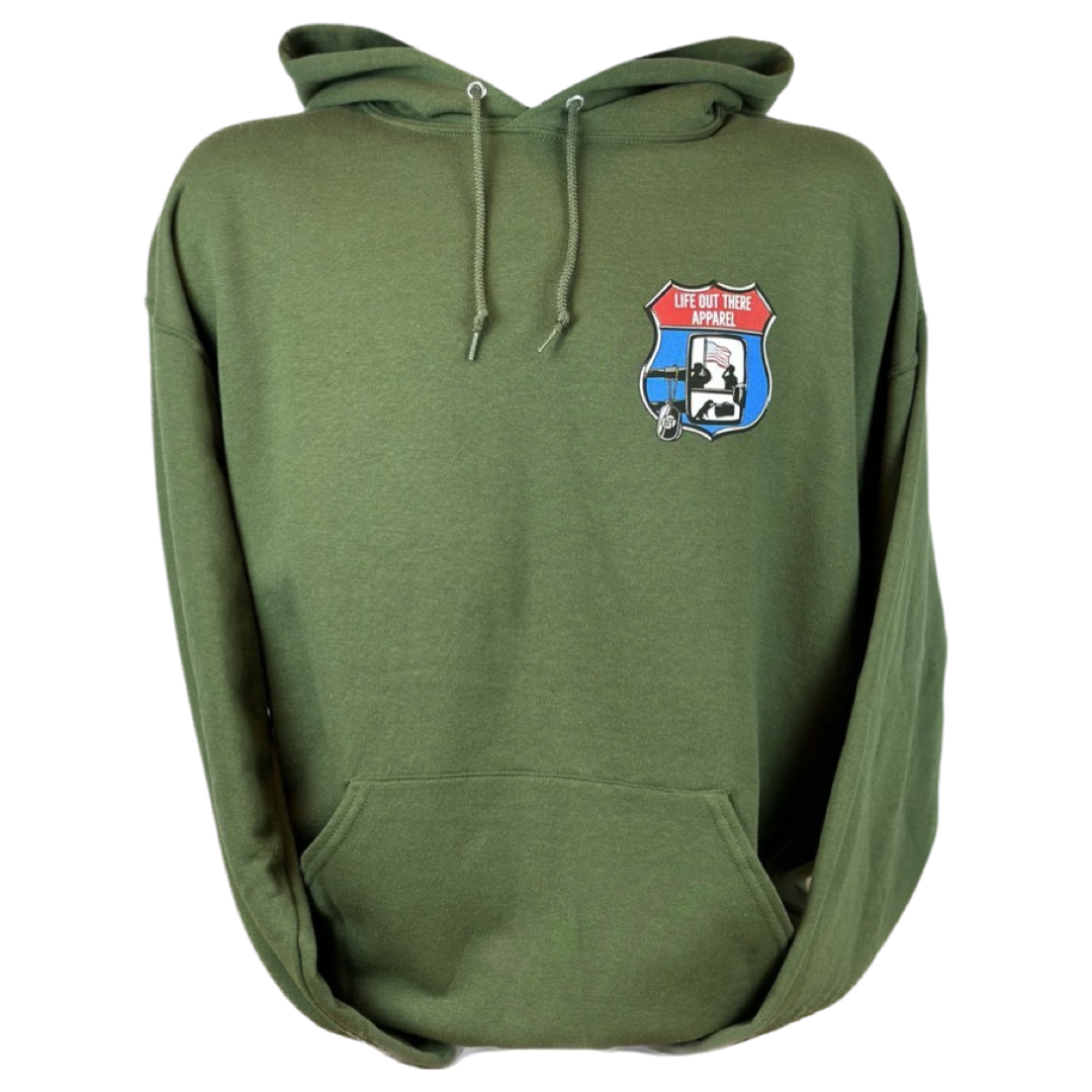 Military Green Unisex Pullover hoodie from Life Out There Apparel - “Leave It Behind” - The design has a truck side mirror with the reflection of a male, female & K9 soldiers saluting the American flag - bringing awareness to P. T. S. D. (post traumatic stress disorder). This is a photo of the back design on a transparent background. 