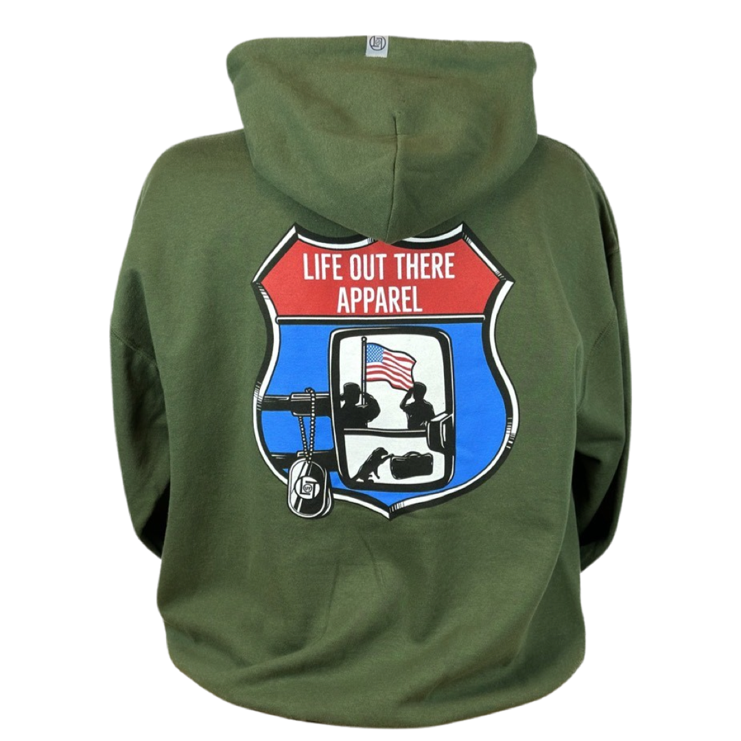 Life Out There Apparel “Leave It Behind” - Military Green Unisex Pullover hoodie has a truck side mirror with the reflection of a male, female & K9 soldiers saluting the American flag - bringing awareness to P. T. S. D. (post traumatic stress disorder). This is a photo of the back design on a transparent background. 