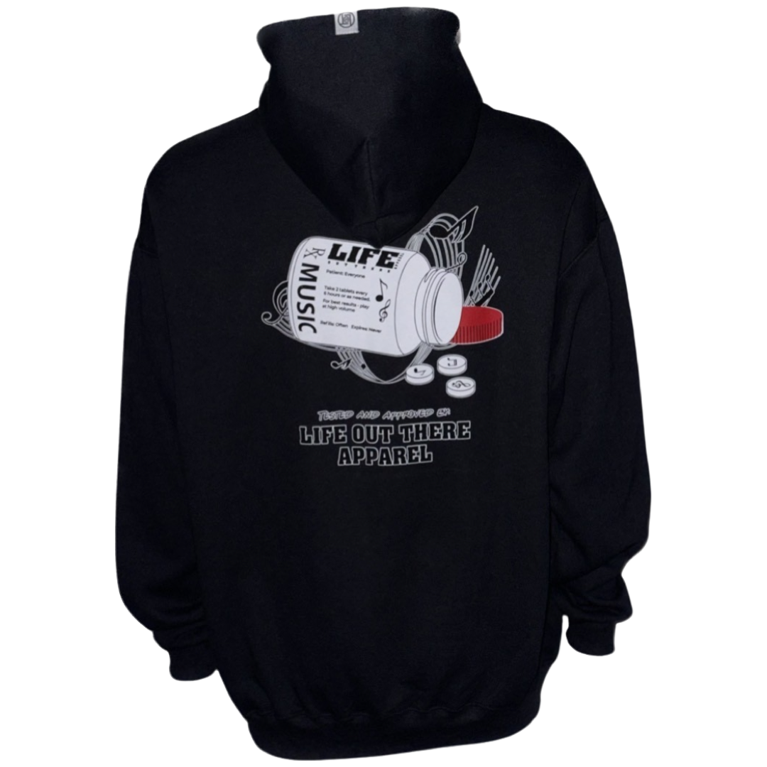 Black Unisex hoodie from Life Out There Apparel “Music Is Medicine “ - This design is a medicine pill bottle tipped over with pills that have fallen out, that have music notes on them. This photo shows the back of the hoodie with a white background. 