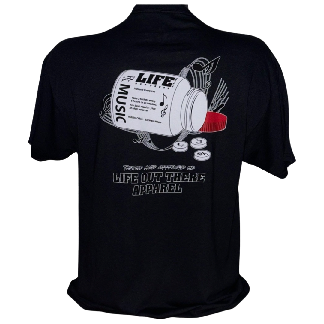 Black Life Out There Apparel “Music Is Medicine “ Unisex tee shirt is a medicine pill bottle tipped over with pills that have fallen out, that have music notes on them. This photos is the back of the tee with a transparent background. 