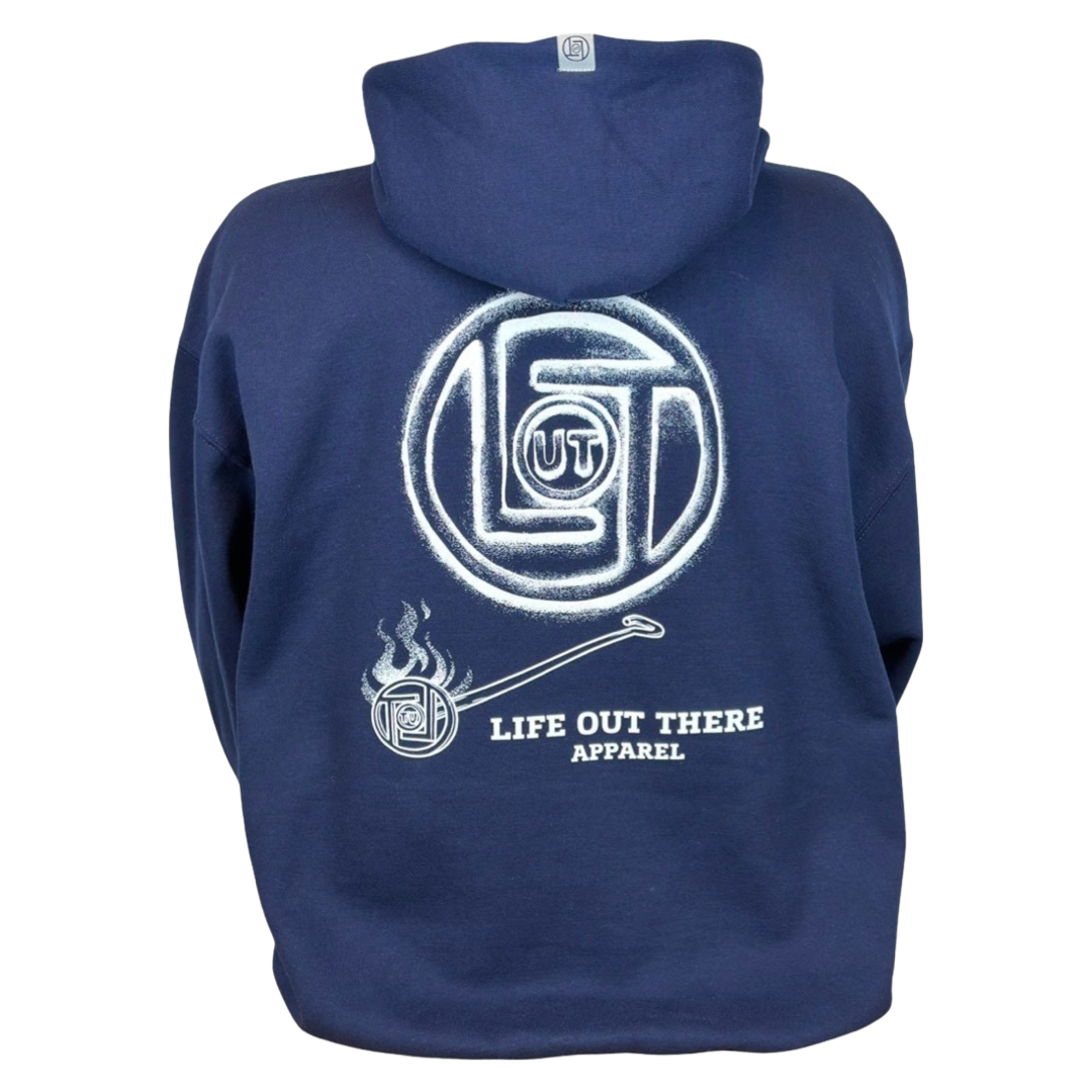 Life Out There Apparel “Branded” Unisex hoodie in navy blue is a round logo of the companies initials, made with a hot branding iron. This is a photo of the back of the hoodie. 