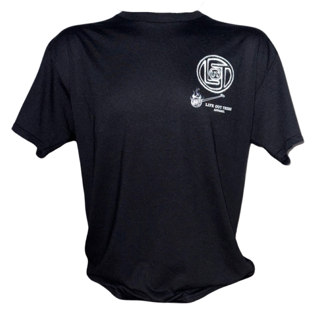 Life Out There Apparel “Branded” Unisex black tee shirt is a round logo of the companies initials, made with a hot branding iron. This is a photo of the front of the shirt with a small,log,on the left chest. 