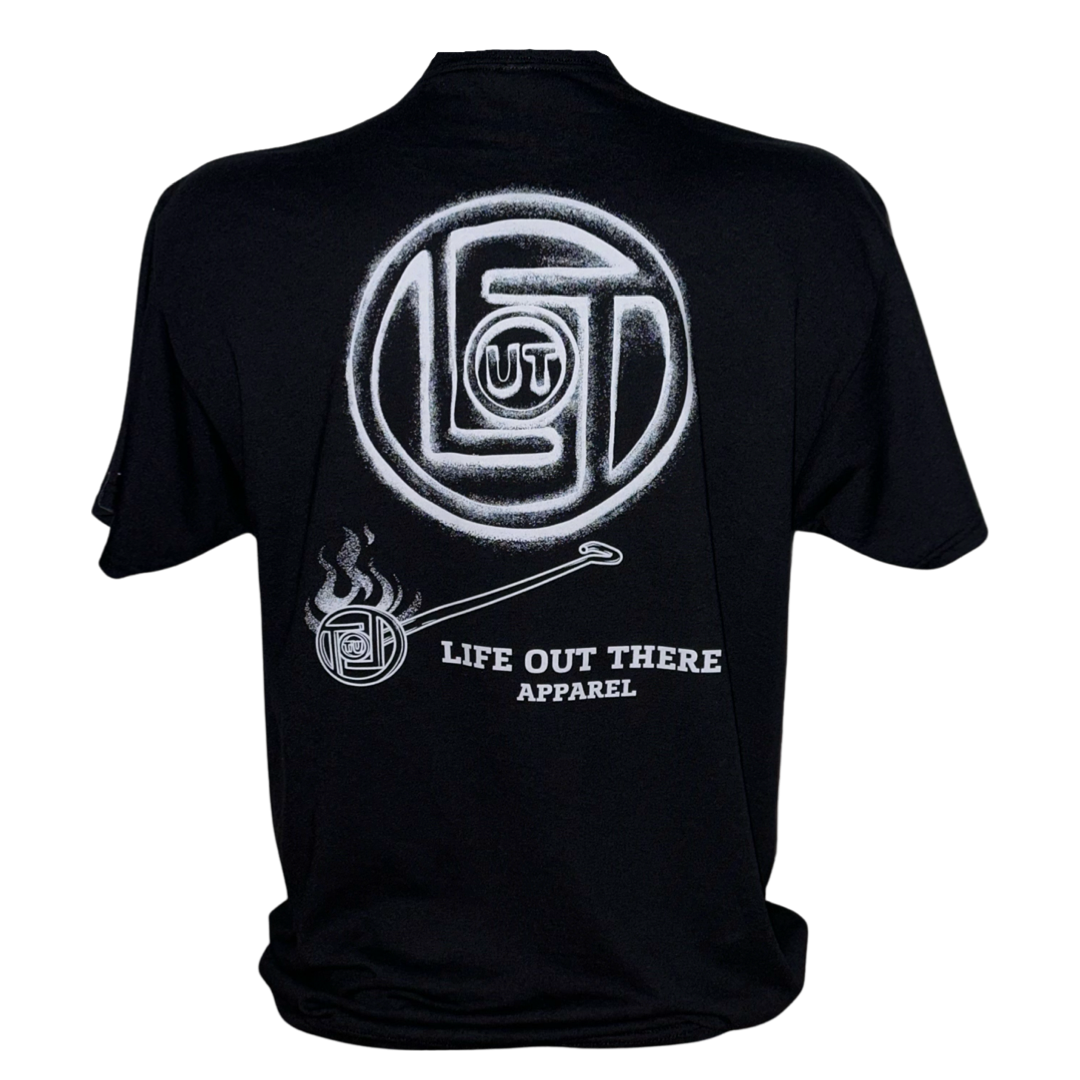 Life Out There Apparel “Branded” Unisex black tee shirt is a round logo of the companies initials, made with a hot branding iron. This is a photo of the back of the shirt. 